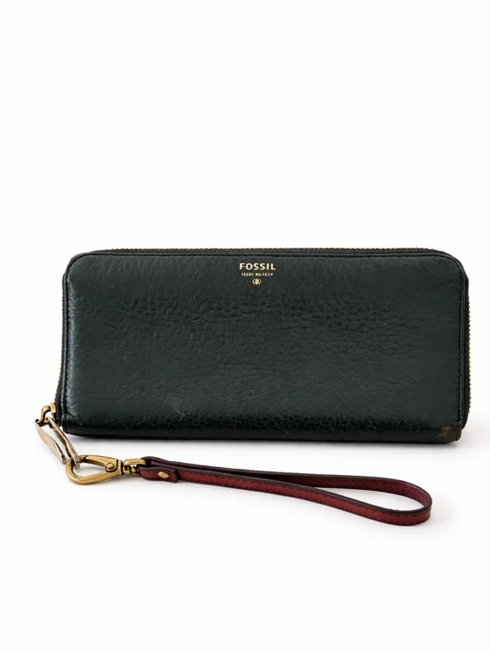 Fossil Green Leather Zip Around Wallet Wristlet Clutch
